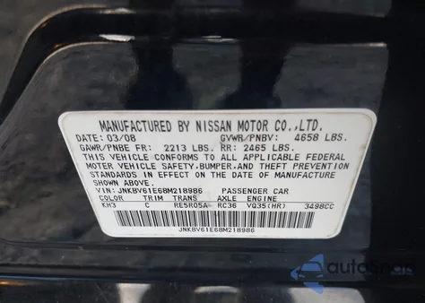 2008 Infiniti G35 Journey from USA, damaged, VIN JNKBV61E68M218986